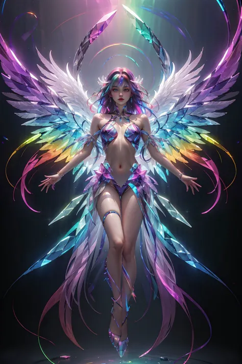<lora:samo_crystal3-000009:0.7>,upper body,1 girl,suspended in air,crystal wings,(iridescent,vivid fancy neon color),holo glowing rainbow color long hair,small breasts,full body,flying,phoenix,, (masterpiece, best quality, high quality, highres, ultra-deta...