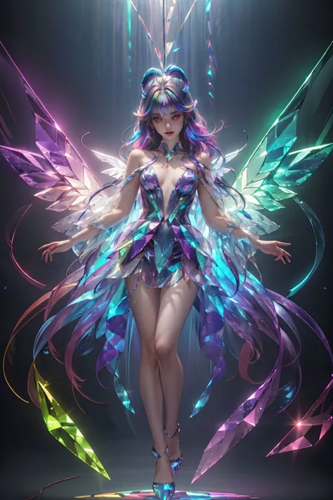 <lora:samo_crystal3-000009:0.8>,upper body,1 girl ,crystal dress,suspended in air,hovering,crystal wings,(iridescent,vivid fancy neon color),holo glowing rainbow color long hair,small breasts,full body,, (masterpiece, best quality, high quality, highres, u...