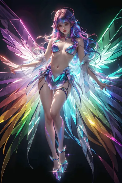 <lora:samo_crystal3-000009:0.7>,upper body,1 girl,suspended in air,hovering,crystal wings,(iridescent,vivid fancy neon color),holo glowing rainbow color long hair,small breasts,full body,, (masterpiece, best quality, high quality, highres, ultra-detailed),