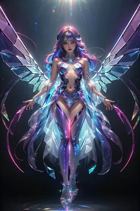 <lora:samo_crystal3-000009:0.8>,upper body,1 girl wearing a transparent bodysuit made of azure crystal,suspended in air,hovering,crystal wings,(iridescent,vivid fancy neon color),holo glowing rainbow color long hair,small breasts,full body,, (masterpiece, ...