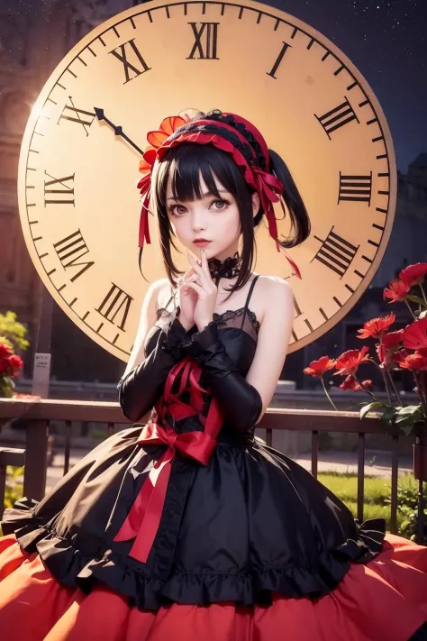 masterpiece, best quality,<lora:KK434:0.4>,kkkrumi\(gothic clothing\) ,heterochromia,  1girl,outdoors,red moon,red day,spider li...