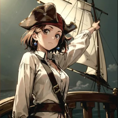 jack sparrow, anime style, masterpiece, best quality, 1girl, brown eyes, hat, brown hair, closed mouth, earrings, green background, hat, pirate,  jewelry, looking at viewer, shirt, short hair, simple background, solo, upper body, white shirt, on pirate ship, medium_breasts, ocean, ship<lora:jackSparrowRealisticAnime_offset:0.65>