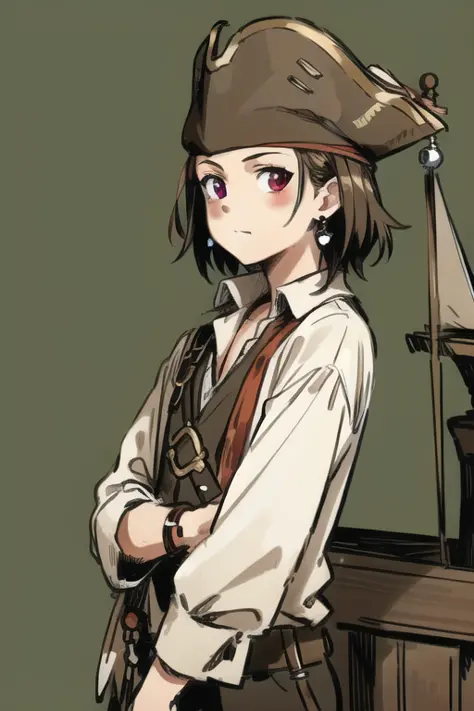 jack sparrow, anime style, masterpiece, best quality, 1girl, brown eyes, hat, brown hair, closed mouth, earrings, green background, hat, pirate,  jewelry, looking at viewer, shirt, short hair, simple background, solo, upper body, white shirt,  on pirate sh...