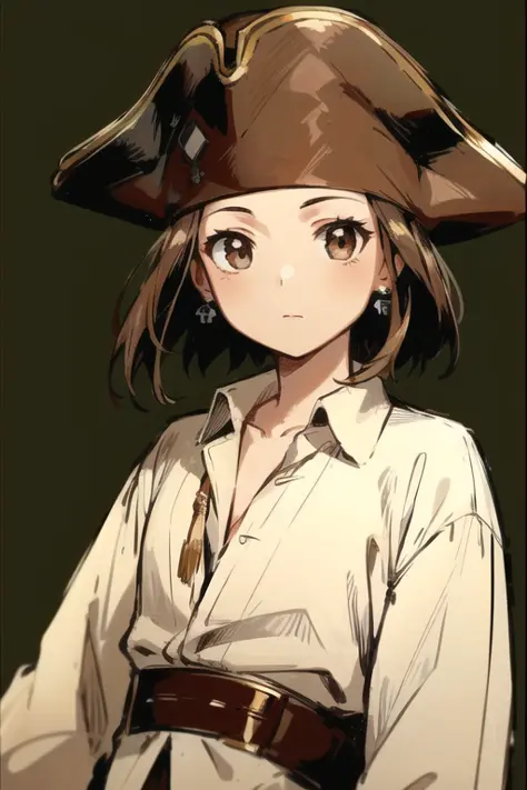 jack sparrow, anime style, masterpiece, best quality, 1girl, brown eyes, hat, brown hair, closed mouth, earrings, green background, hat, pirate,  jewelry, looking at viewer, shirt, short hair, simple background, solo, upper body, white shirt, <lora:jackSpa...