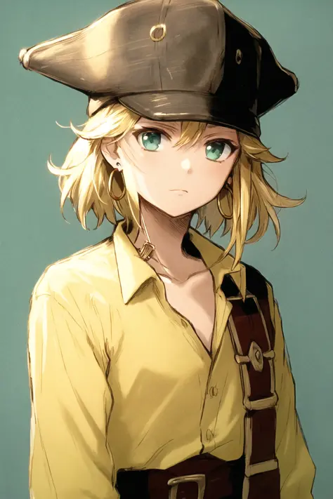 jack sparrow, anime, masterpiece, best quality, 1girl, aqua eyes, baseball cap, blonde hair, closed mouth, earrings, green background, hat, hoop earrings, jewelry, looking at viewer, shirt, short hair, simple background, solo, upper body, yellow shirt
<lor...