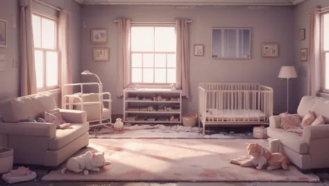 there is a baby's room with a crib and a couch