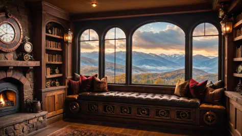 RAW photo of a  Steampunk cushioned window seat with scenic backdrop, a cozy fireplace is nearby, <lora:EnvyCozyXL01:0.6>, <lora...