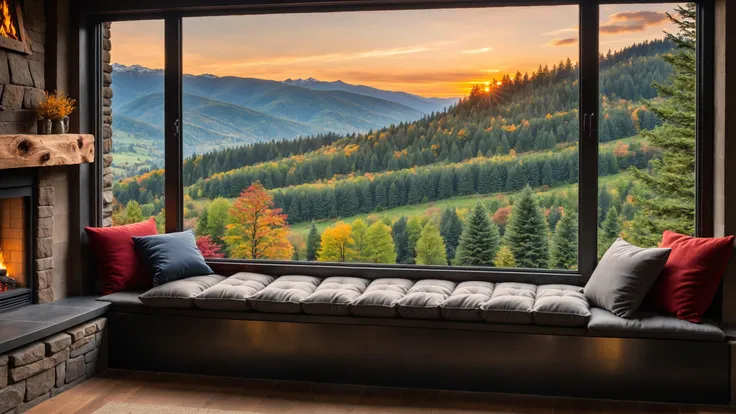 RAW photo of a  Mecha cushioned window seat with scenic backdrop, a cozy fireplace is nearby, <lora:EnvyCozyXL01:0.6>, <lora:xl_more_art-full_v1:0.4>, <lora:EnvyFutureUtopiaXL01:0.7>