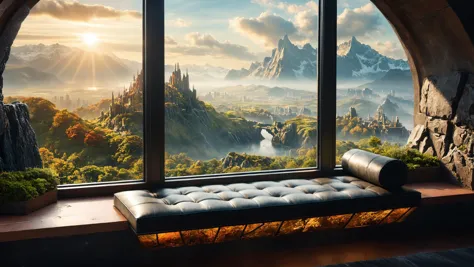 RAW photo of a  Biopunk  Cushioned window seat with scenic backdrop, <lora:EnvyCozyXL01:0.6>, <lora:xl_more_art-full_v1:0.4>, <lora:EnvyEthescapelXL01:0.7>