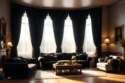 arafed living room with black curtains and a fireplace