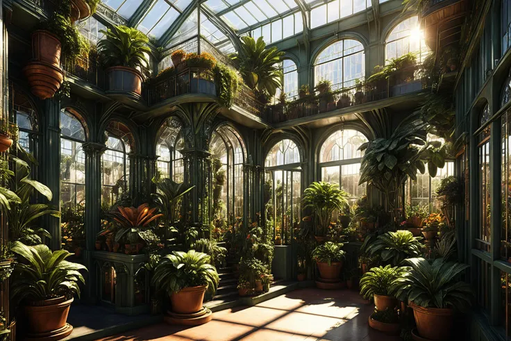 photorealistic, detailed digital illustration of a Rococopunk Sunlit conservatory with potted plants,  <lora:EnvyCozyXL01:0.7>,  <lora:xl_more_art-full_v1:0.7>, <lora:EnvyIndustrialScifiXL01:0.7>