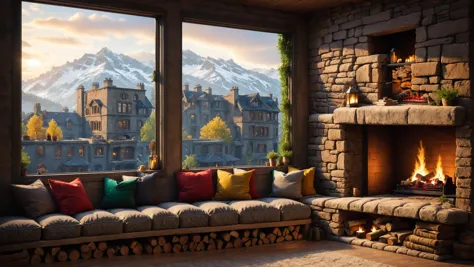 RAW photo of a  Dystopian cushioned window seat with scenic backdrop, a cozy fireplace is nearby, <lora:EnvyCozyXL01:0.6>, <lora:xl_more_art-full_v1:0.4>, <lora:SDXLFaeTastic2400:0.7>