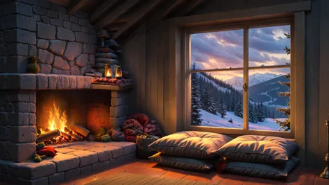 RAW photo of a  Horror cushioned window seat with scenic backdrop, a cozy fireplace is nearby, <lora:EnvyCozyXL01:0.6>, <lora:xl_more_art-full_v1:0.4>, <lora:Detailed Interior Style SDXL v1:0.7>