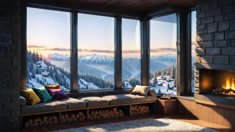 RAW photo of a  Nanopunk cushioned window seat with scenic backdrop, a cozy fireplace is nearby, <lora:EnvyCozyXL01:0.6>, <lora:xl_more_art-full_v1:0.4>, <lora:Detailed Interior Style SDXL v1:0.7>