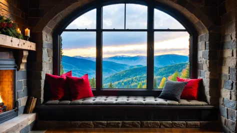 a close up of a window seat with a view of mountains