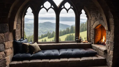 RAW photo of a  Gothic cushioned window seat with scenic backdrop, a cozy fireplace is nearby, <lora:EnvyCozyXL01:0.6>, <lora:xl_more_art-full_v1:0.4>, <lora:EnvyBorealXL01:0.7>