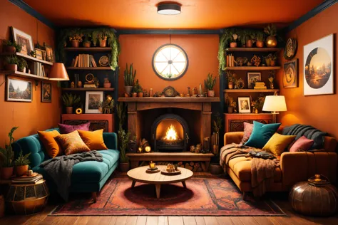 a brightly colored living room with a fireplace and a couch