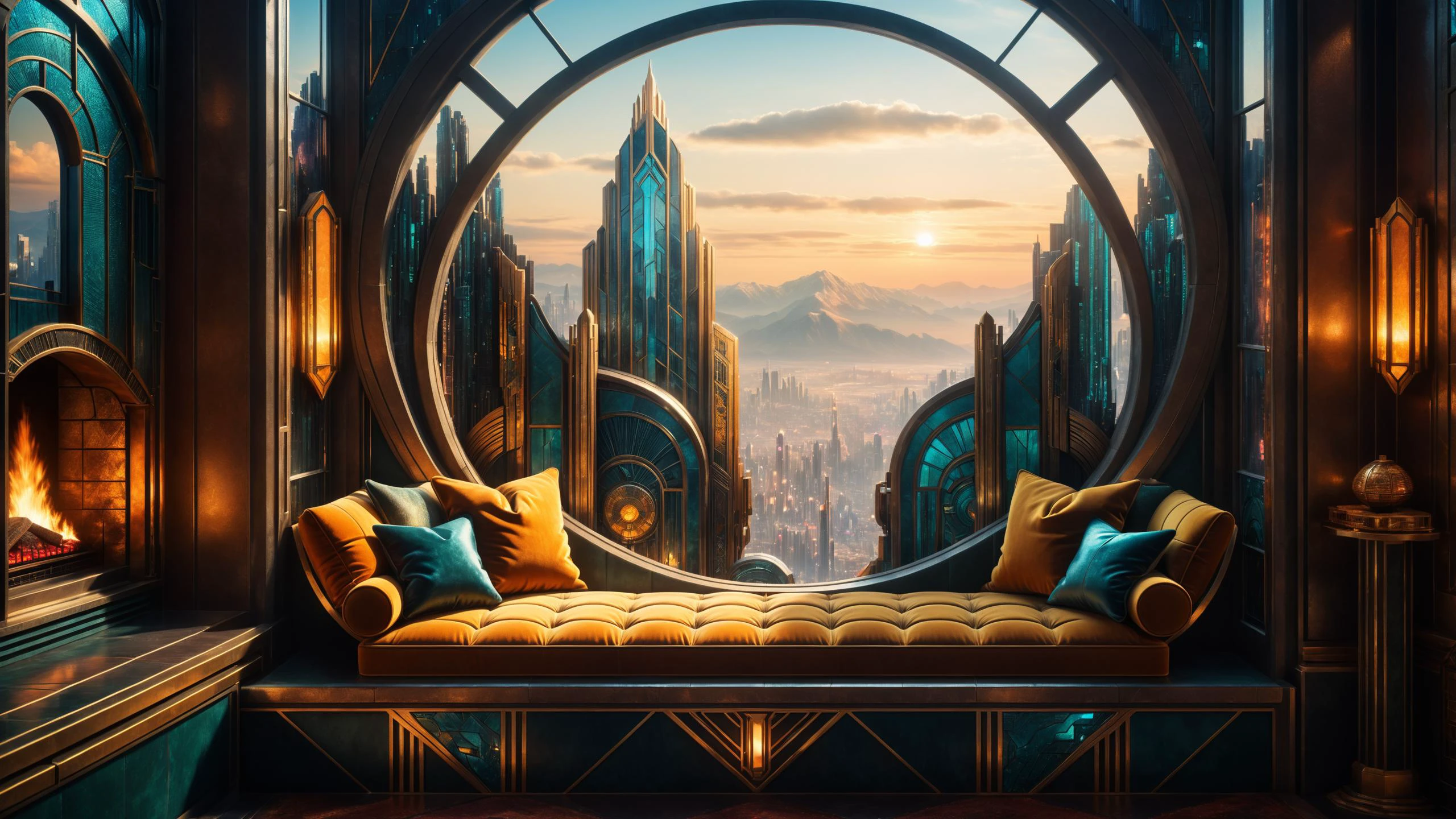 RAW photo of a  Postcyberpunk cushioned window seat with scenic backdrop, a cozy fireplace is nearby, fantasy art deco