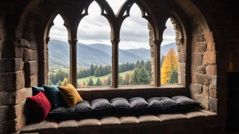 arafed window with a view of a mountain range and a bench