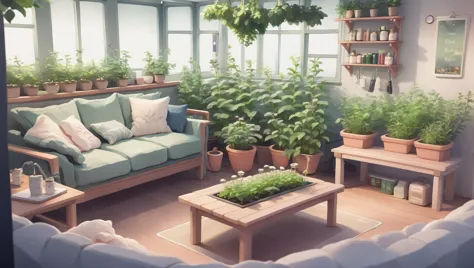 there is a couch and a table in a room with plants