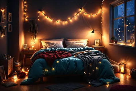 a close up of a bed with a blanket and lights on it