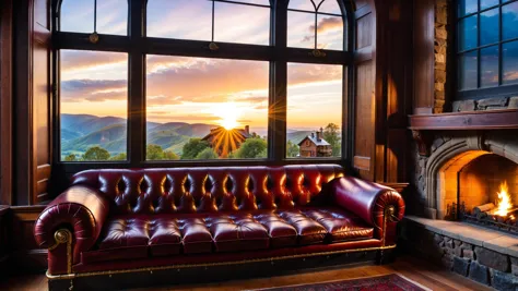 arafed couch in front of a fireplace in a room with a view