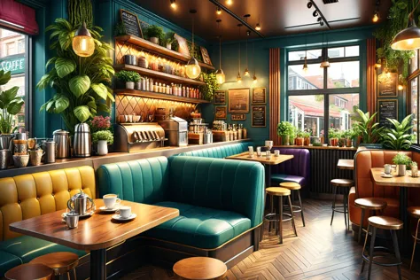 a close up of a restaurant with a green booth and wooden tables