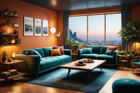 a brightly colored living room with a blue couch and a coffee table