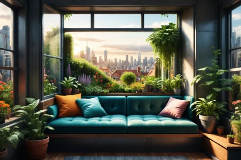 photorealistic, detailed digital illustration of a Postcyberpunk Cushioned window seat with garden view,  <lora:EnvyCozyXL01:0.7...