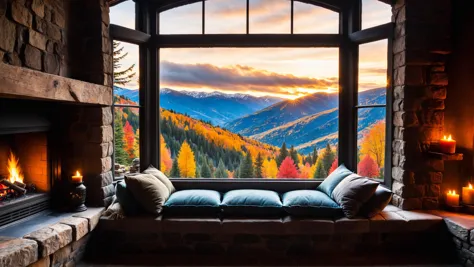 a close up of a couch in front of a window with a view of mountains