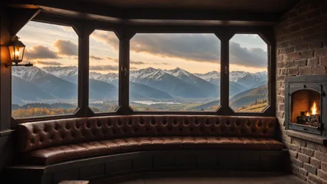 RAW photo of a  Dieselpunk cushioned window seat with scenic backdrop, a cozy fireplace is nearby, <lora:EnvyCozyXL01:0.6>, <lora:xl_more_art-full_v1:0.4>, <lora:cliffbuilding_XL:0.7>