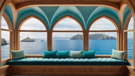 a close up of a window with a couch and a view of the ocean