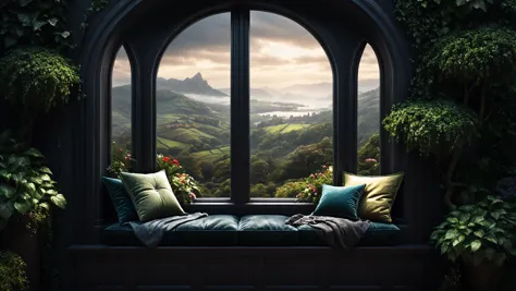 photorealistic, detailed digital illustration of a Dark fantasy Cushioned window seat with scenic backdrop,  <lora:EnvyCozyXL01:0.7>,  <lora:xl_more_art-full_v1:0.7>, <lora:EnvyGardencoreXL01:0.7>