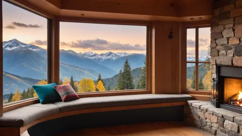 arafed view of a mountain range with a fireplace and a couch