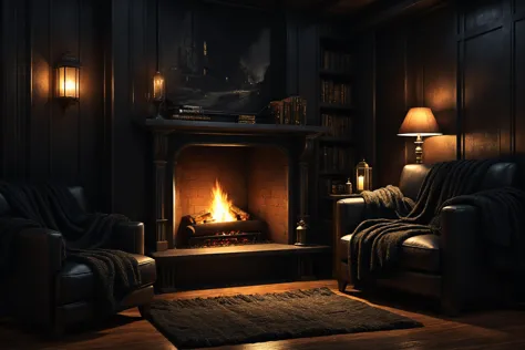 a dimly lit fireplace in a dark room with a chair and a lamp