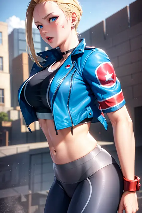 ((masterpiece)), ((best quality)), (ultra-detailed), ((sexy)), ((extremely detailed)), 4K, (8K), best quality, (beautiful), full body focus, Upper body, Focus on background, (((Cammy))), Cammy white, Cammy from street fighter 6, ((1girl)), ((left side face...