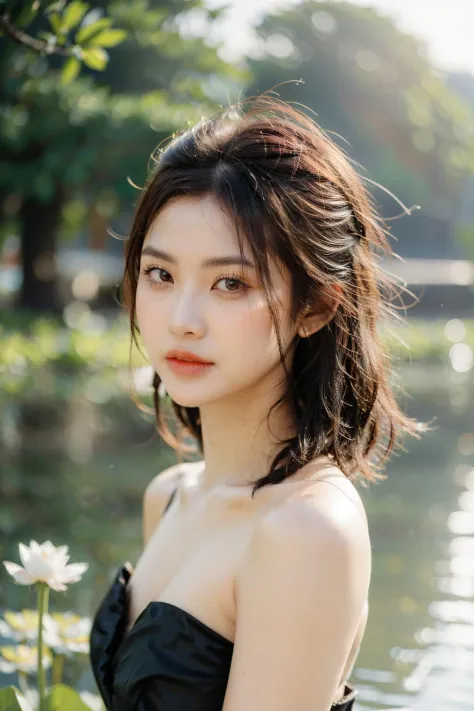 girlcuchoamiface, The woman's beauty can be enhanced by the reflection of the lotus flowers in the water. The vibrant colors of the lotus flowers can also add to the beauty of the scene, creating a harmonious blend of colors, RAW photo,(high detailed skin:...