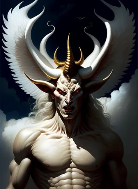 digital painting by rutkowski a horned demon with white angle wings floating between heaven and hell