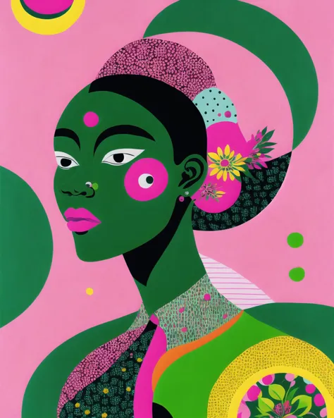 a painting of a woman with pink circles on her face and a flowered shirt on her shoulders, with a green background, Chinwe Chukw...