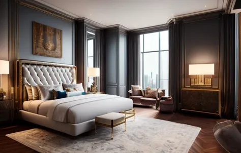 a new york manhattan luxury bedroom in the spring, hyper detailed, ultra realistic, sharp focus, octane render, volumetric, ray ...