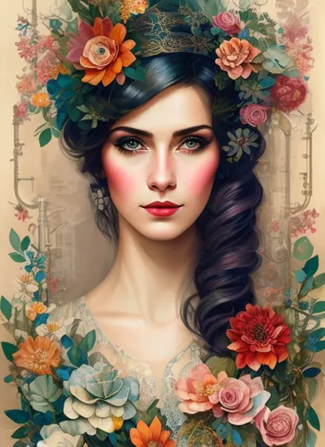 Charlie Bowater realistic Lithography sketch portrait of a woman, flowers, [gears], pipes, dieselpunk, multi-colored ribbons, ol...