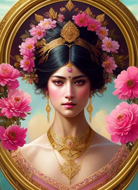 (symmetry:1.1) (portrait of floral:1.05) a woman as a beautiful goddess, (assassins creed style:0.8), pink and gold and opal col...