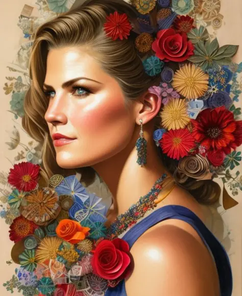 [Ali Larter:Yamila Diaz:0.5] realistic Lithography sketch portrait of a woman, flowers, [gears], pipes, dieselpunk, multi-colore...