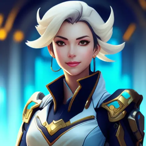 mercy from overwatch, character portrait, portrait, close up, concept art, intricate details, highly detailed, in the style of m...