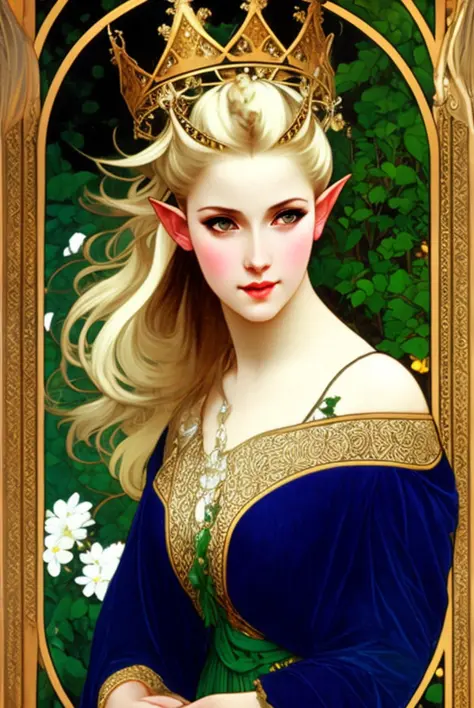 elven queen, elf, pointy ears, halfbody, masterpiece, blue eyes, intricate dress, blonde hair, long hair, long braids, crown, gr...