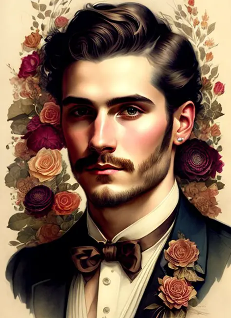Charlie Bowater realistic Lithography sketch portrait of a man, flowers, [gears], pipes, dieselpunk, multi-colored ribbons, old ...