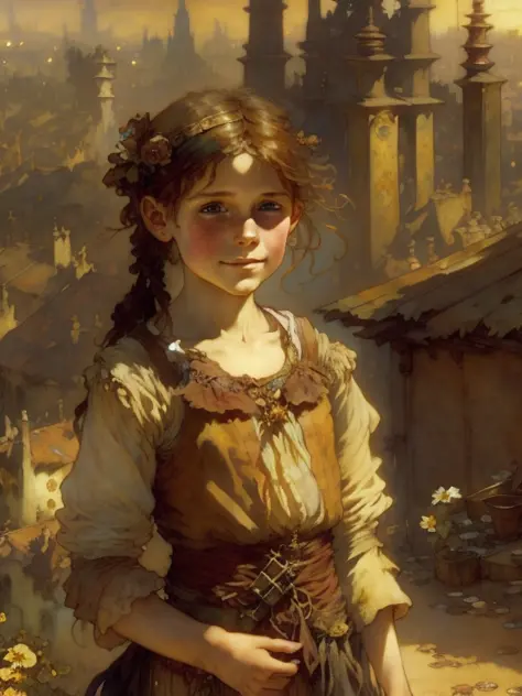10yo girl in rags, pauper, highly detailed, brown hair, cluttered fantasy city background, art by aleksi briclot and alphonse mu...
