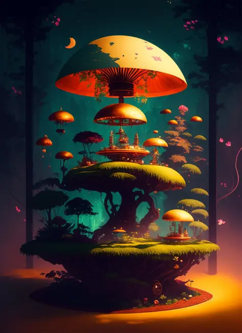 3/4 small steampunk jungle world with a fairy sitting on a toadstool in a jar model made of Hiroaki Takahashi art ultra perfect ...