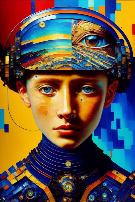 van gogh and rembrandt inspired scifi cyborg (oil painting:1.3) <(masterpiece, realistic:1.3), (extremely intricate:1.2)>, 1girl...