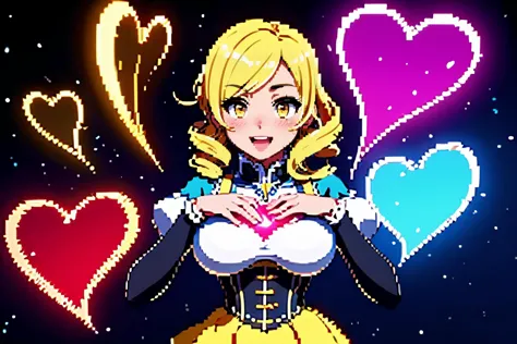 (photorealistic:1.3), masterpiece, detailed, alluring, 1girl, (five fingers), (huge breasts), <lora:mamitest:0.8>, mami tomoe, blonde hair, drill hair, twin drills, (yellow eyes:1.3), boots, brown footwear, brown gloves, corset, detached sleeves, fingerless gloves, gloves, hat, juliet sleeves, knee boots, long sleeves, magical girl, puffy sleeves, skirt, striped, striped thighhighs, thighhighs, thighs, vertical stripes, vertical-striped thighhighs, yellow skirt, (:D:1.2, eyes:red, eye lashes:1.2, blush:1.3), <lora:heartChest:0.5>, heartChest,serious, v-shaped eyebrows, (((glowing heart, silhouette, glowing heart hands on chest, heart-shaped hands, upper body))), (yellow rainbow:1.3), <lora:pixel:1>, (pixelart:1.2)